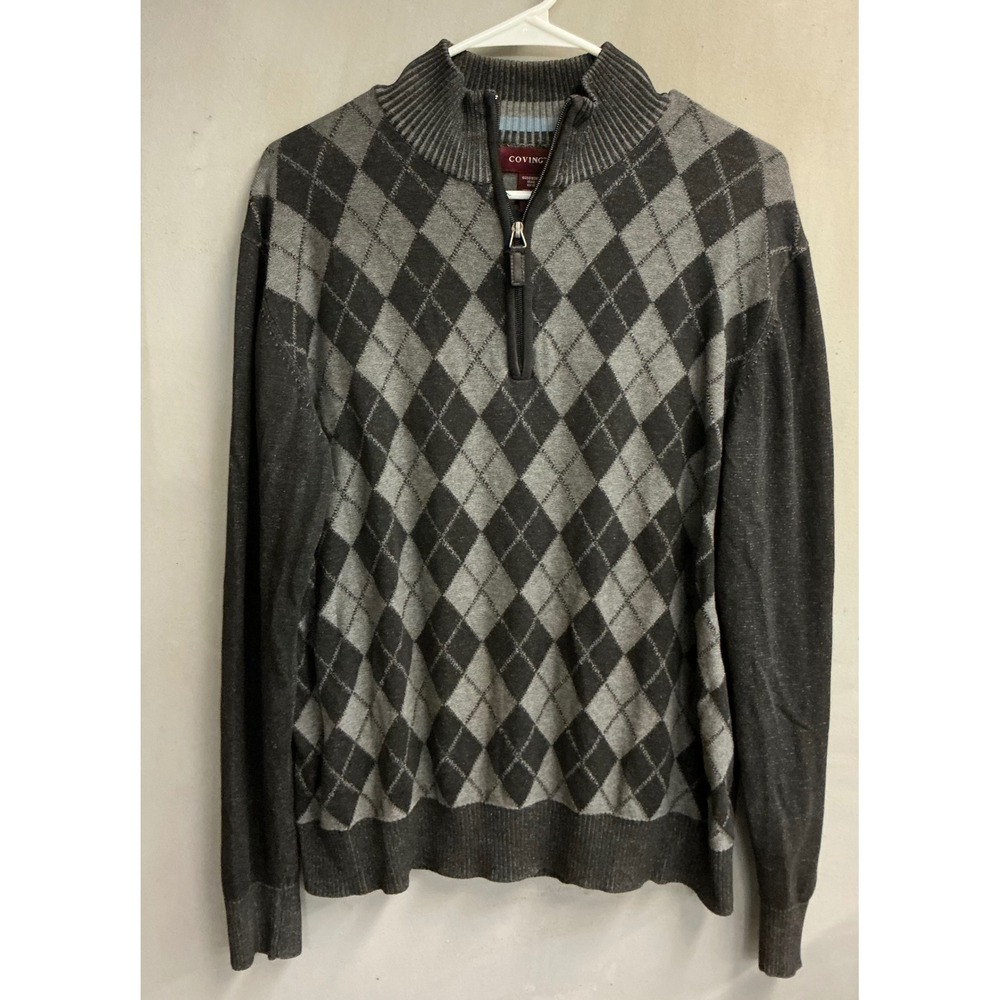 Covington Mens Gray Argyle 1/4 Zip 100% Cotton Mock Neck Sweater Size M